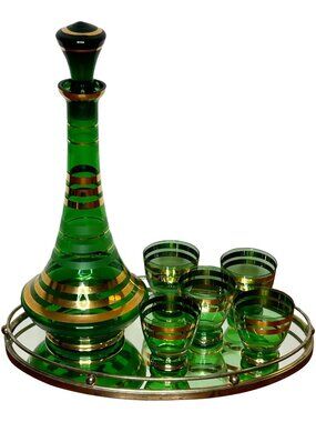 Vintage Mid-Century Decanter Set w/Stopper and 5 Glasses Green/Gold Gilt